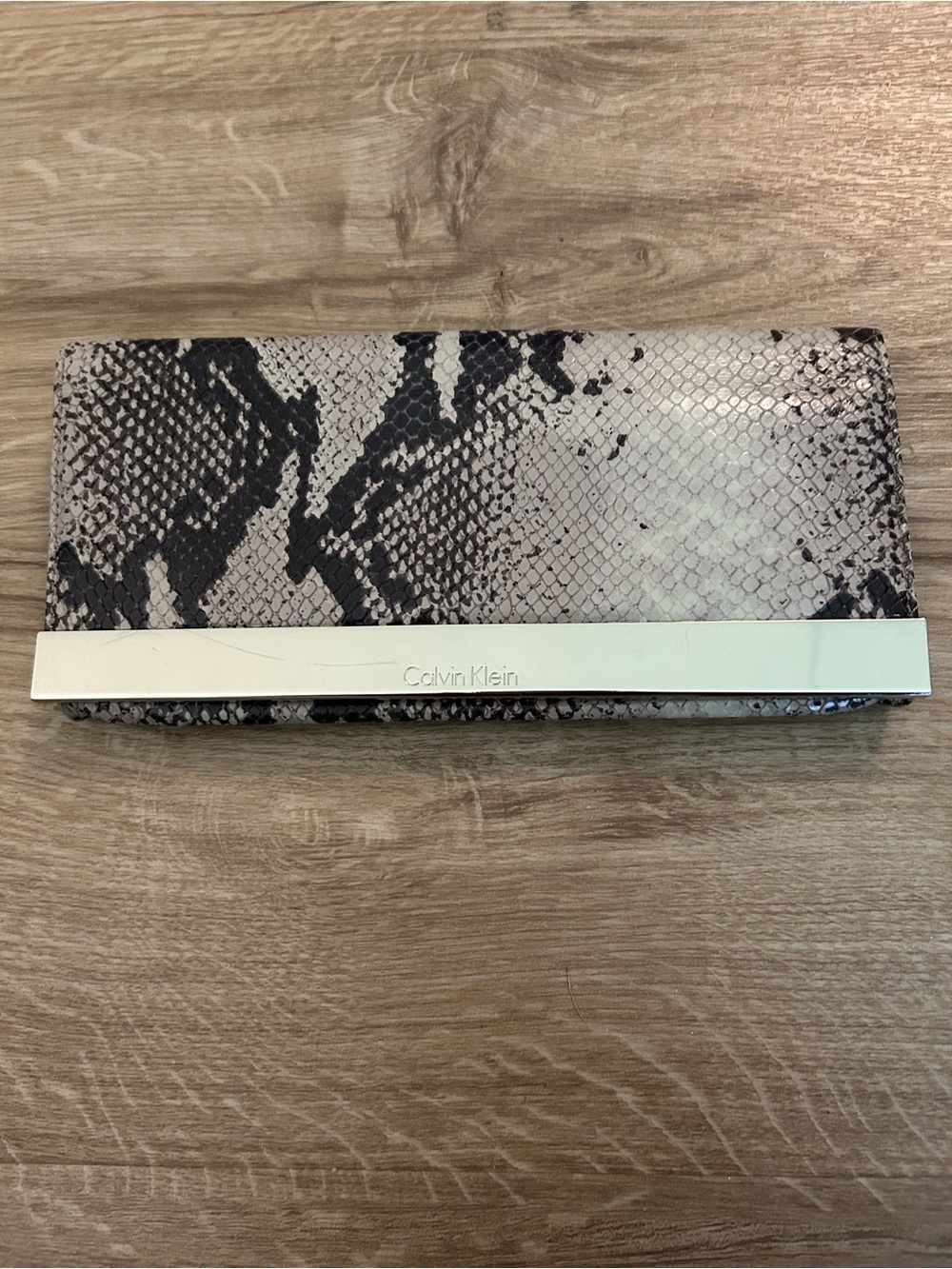 Calvin Klein Snake-Print Clutch Wallet in Beige and Black with Gold Accent